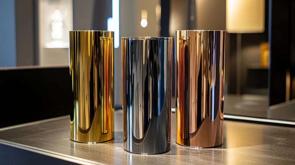 Gold, rose gold and dark PVD finish samples